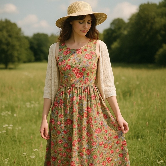 VTG 90s Abercrombie & Fitch Floral Dress M Cotton Cottagecore Prairie‎ Pinafore
